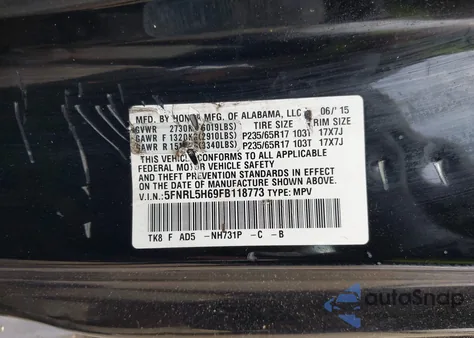 2015 Honda Odyssey Ex-L из США, поврежденный, VIN 5FNRL5H69FB118773